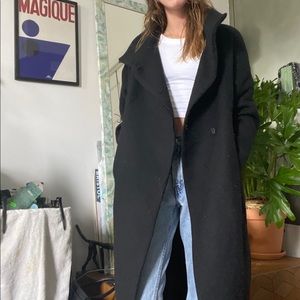 Knee length black cocoon coat with cowl neck